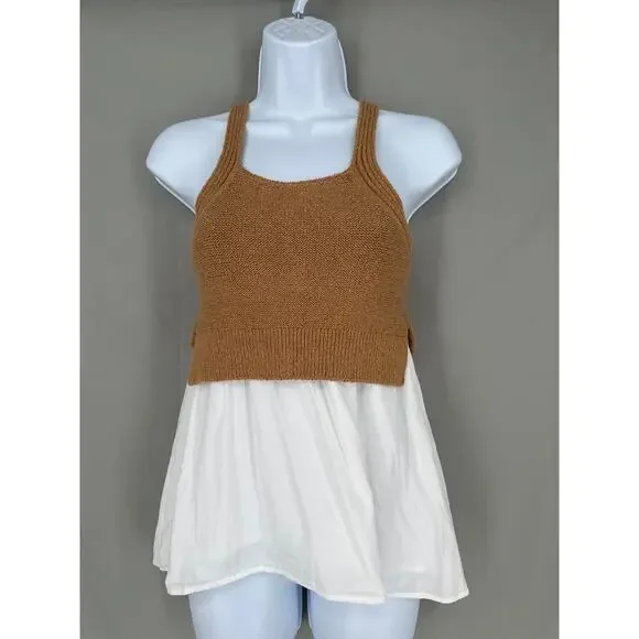 Anthropologie Top Womens XXS Jenna Twofer Sweater Tank Brown White Flowy Tunic - Picture 1 of 6